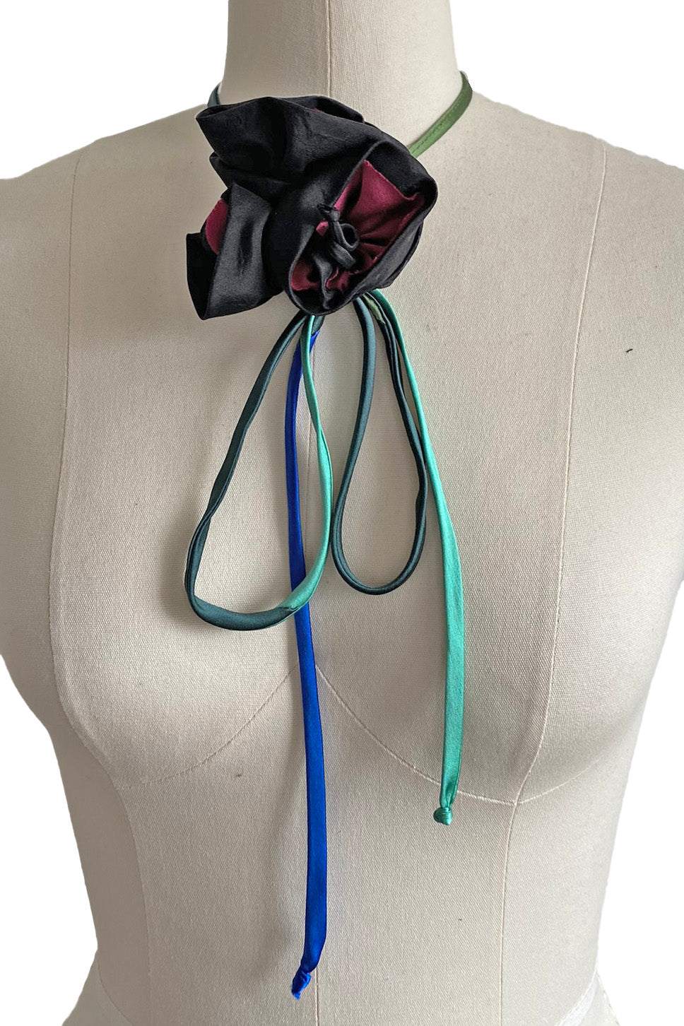 Adriana Silk Bolo Scarf - Black & Red Flower w/ Blue& Aqua Silk Tie