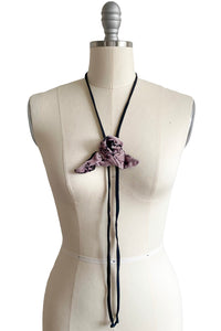 Adriana Silk Bolo- Silver Printed Velvet Flower w/ Black Silk Tie