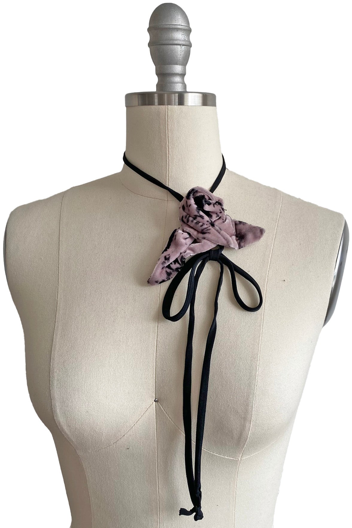 Adriana Silk Bolo- Silver Printed Velvet Flower w/ Black Silk Tie
