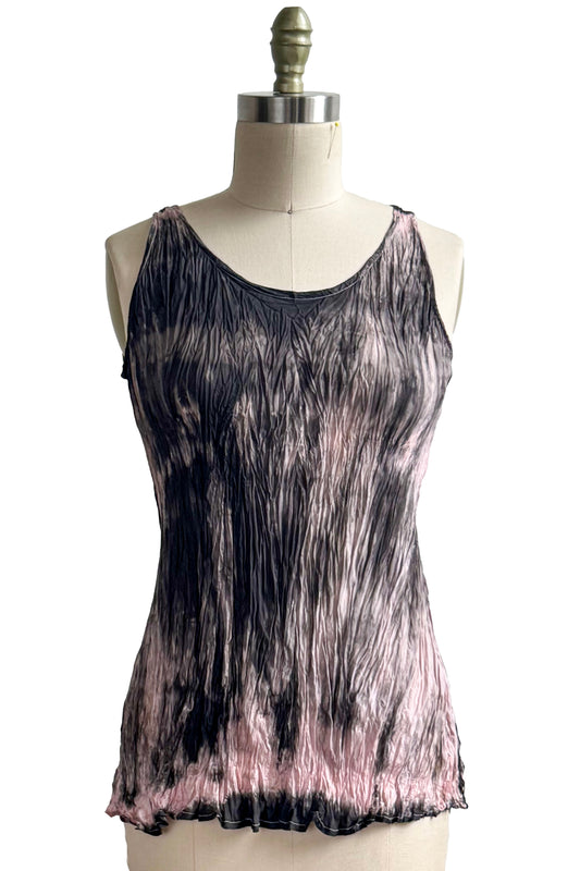 Crinkle Tank Top in China Silk w/ Twist Dye - Black & Light Pink