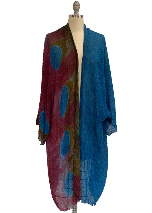 Lundy Duster in Waffle Silk w/ Shibori Dye - Turquoise Blue & Olive