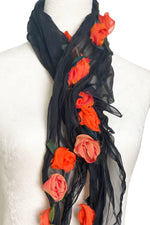 Load image into Gallery viewer, 3D Flower Scarf - Black w/ Tangerine
