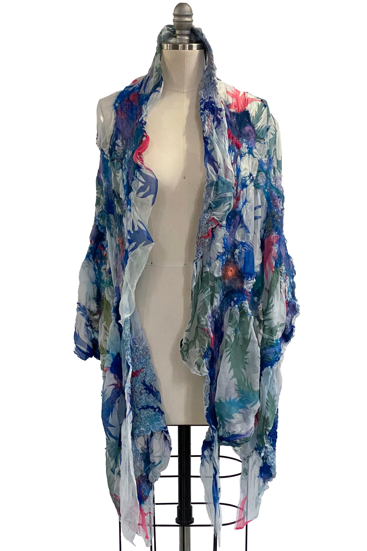 Felted Shawl | Silk Organza | Papercut Print | White w/ Blue Multi