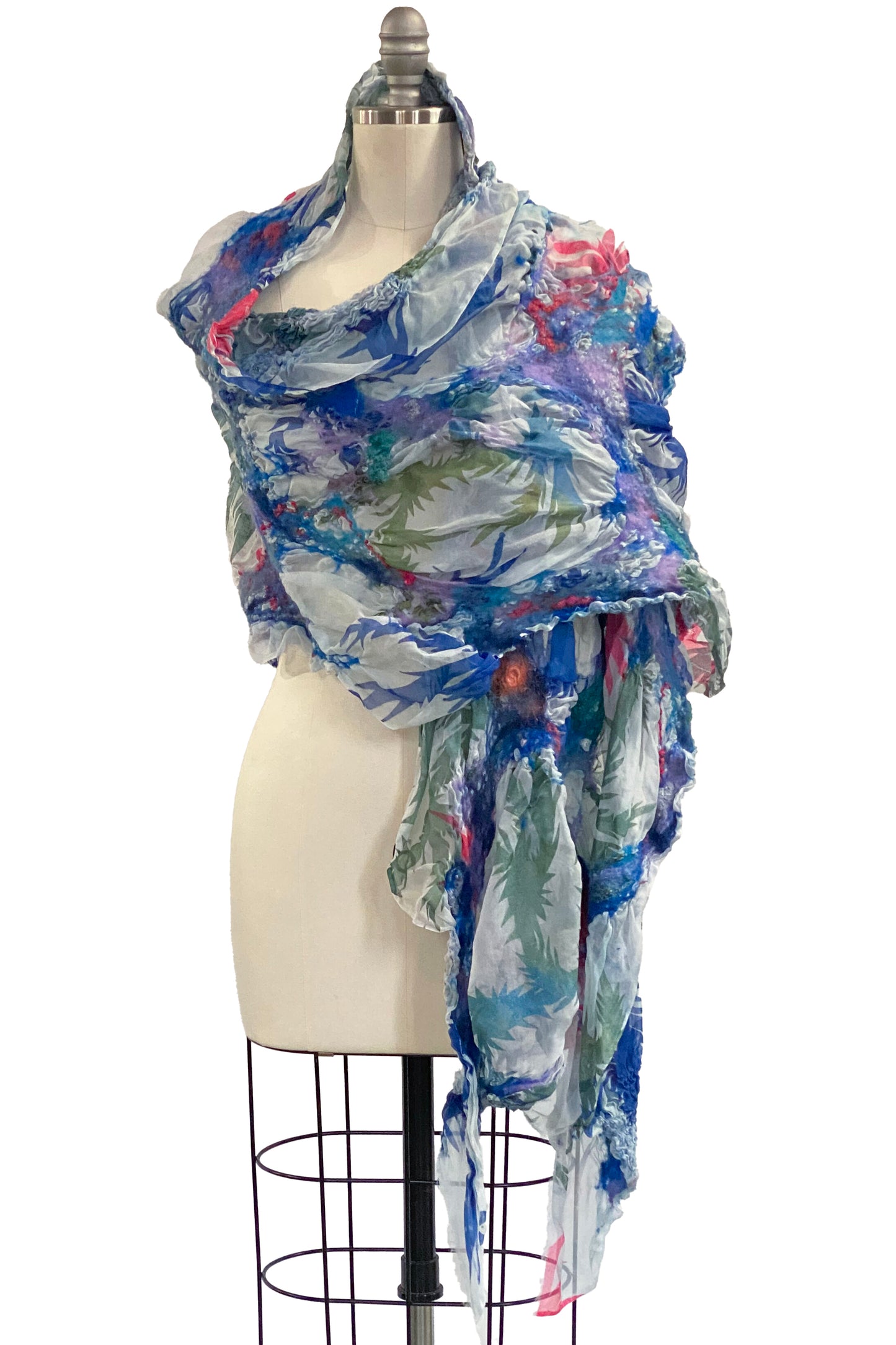 Felted Shawl | Silk Organza | Papercut Print | White w/ Blue Multi