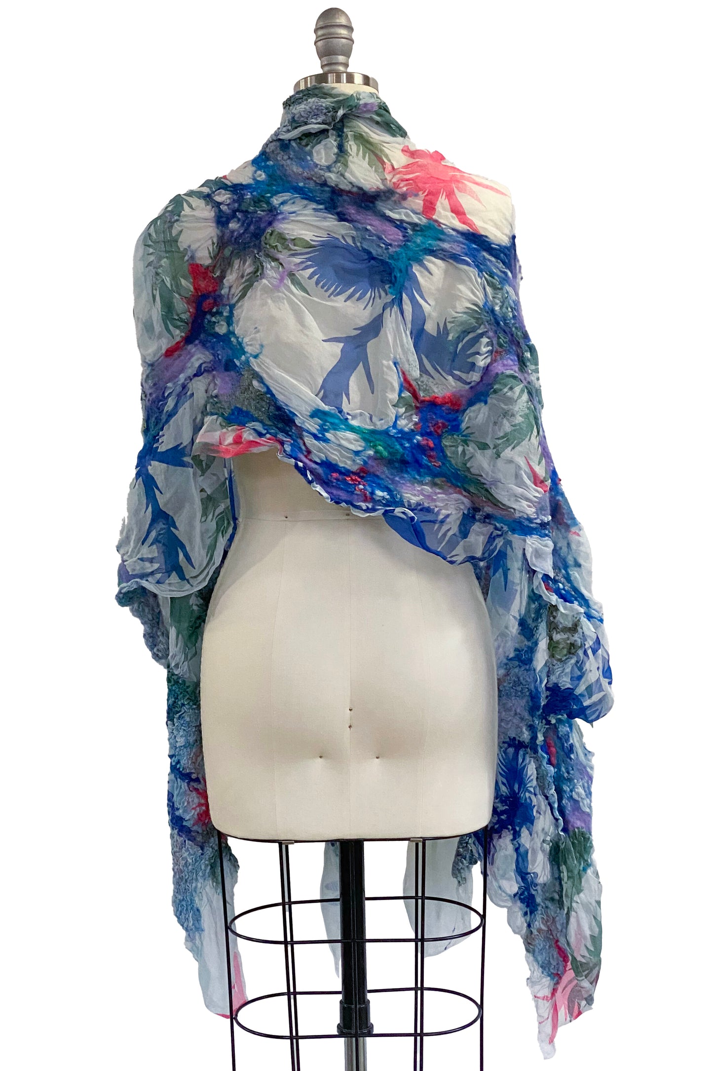 Felted Shawl | Silk Organza | Papercut Print | White w/ Blue Multi