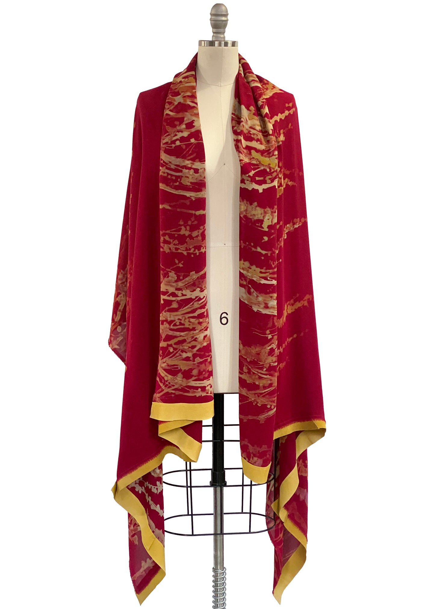 Shawl w/ Leather Trim | Silk Georgette | Hollyhock Print | Red & Gold