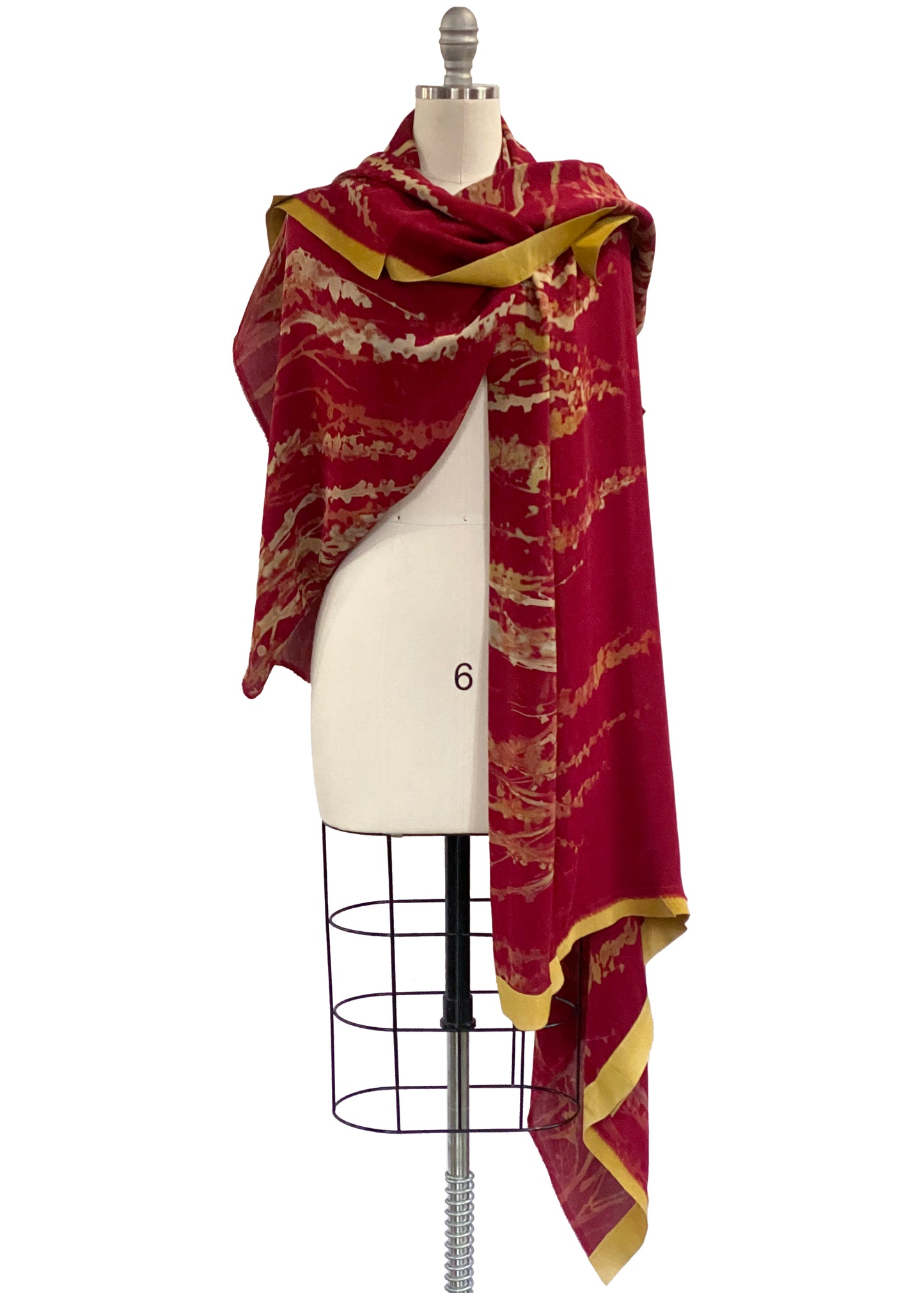 Shawl w/ Leather Trim | Silk Georgette | Hollyhock Print | Red & Gold