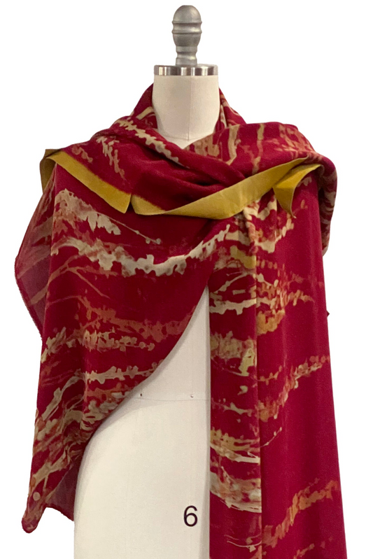 Shawl w/ Leather Trim | Silk Georgette | Hollyhock Print | Red & Gold