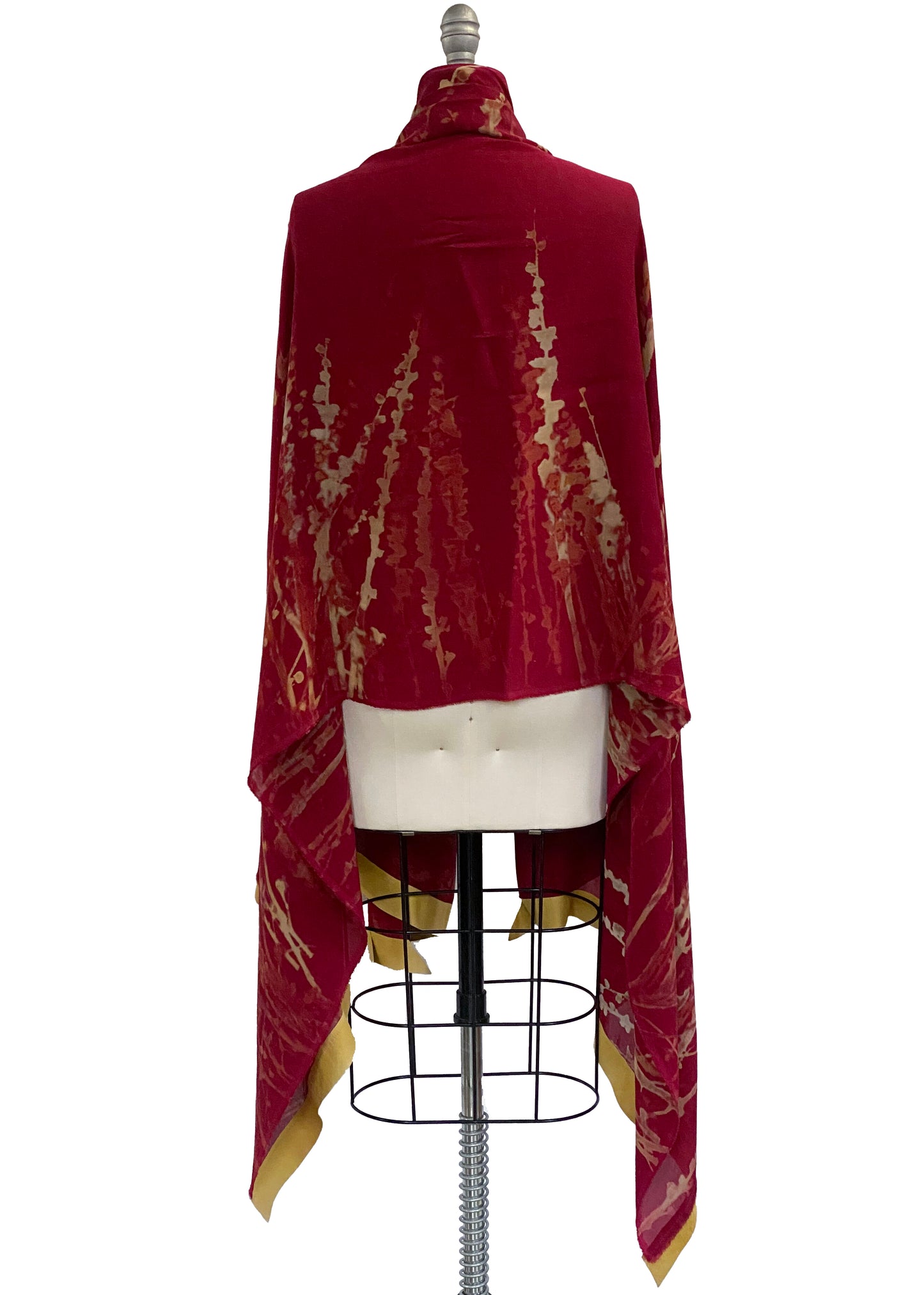 Shawl w/ Leather Trim | Silk Georgette | Hollyhock Print | Red & Gold