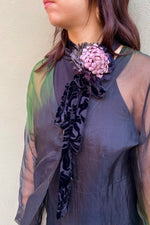 Load image into Gallery viewer, Adriana Silk Bolo Scarf - Black &amp; Gold Printed Flower w/ Black Velvet Tie
