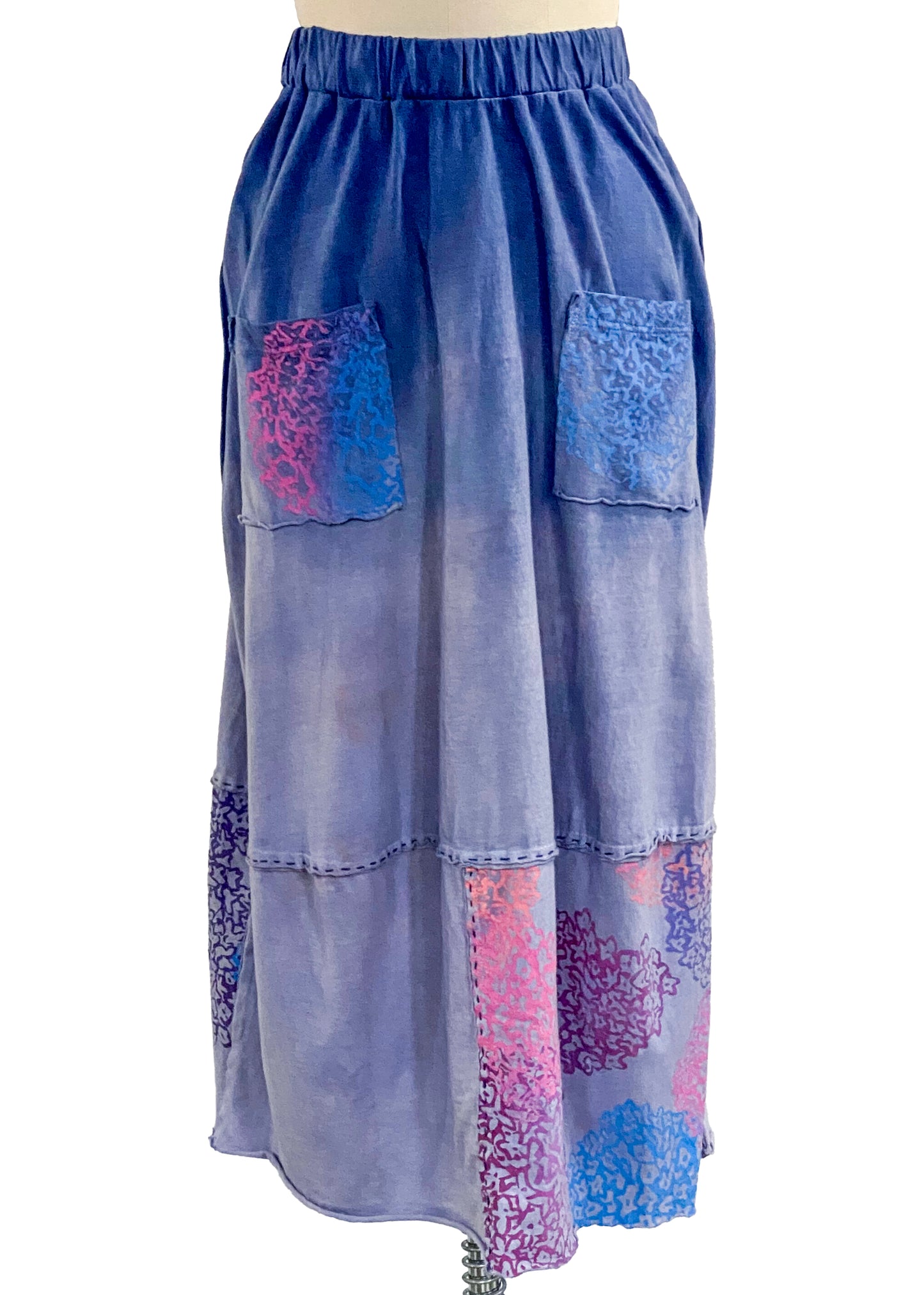 Giverny Skirt | Organic Cotton Jersey | Hydrangea Print Overdye | Off White, Blue, Lavender, Pink