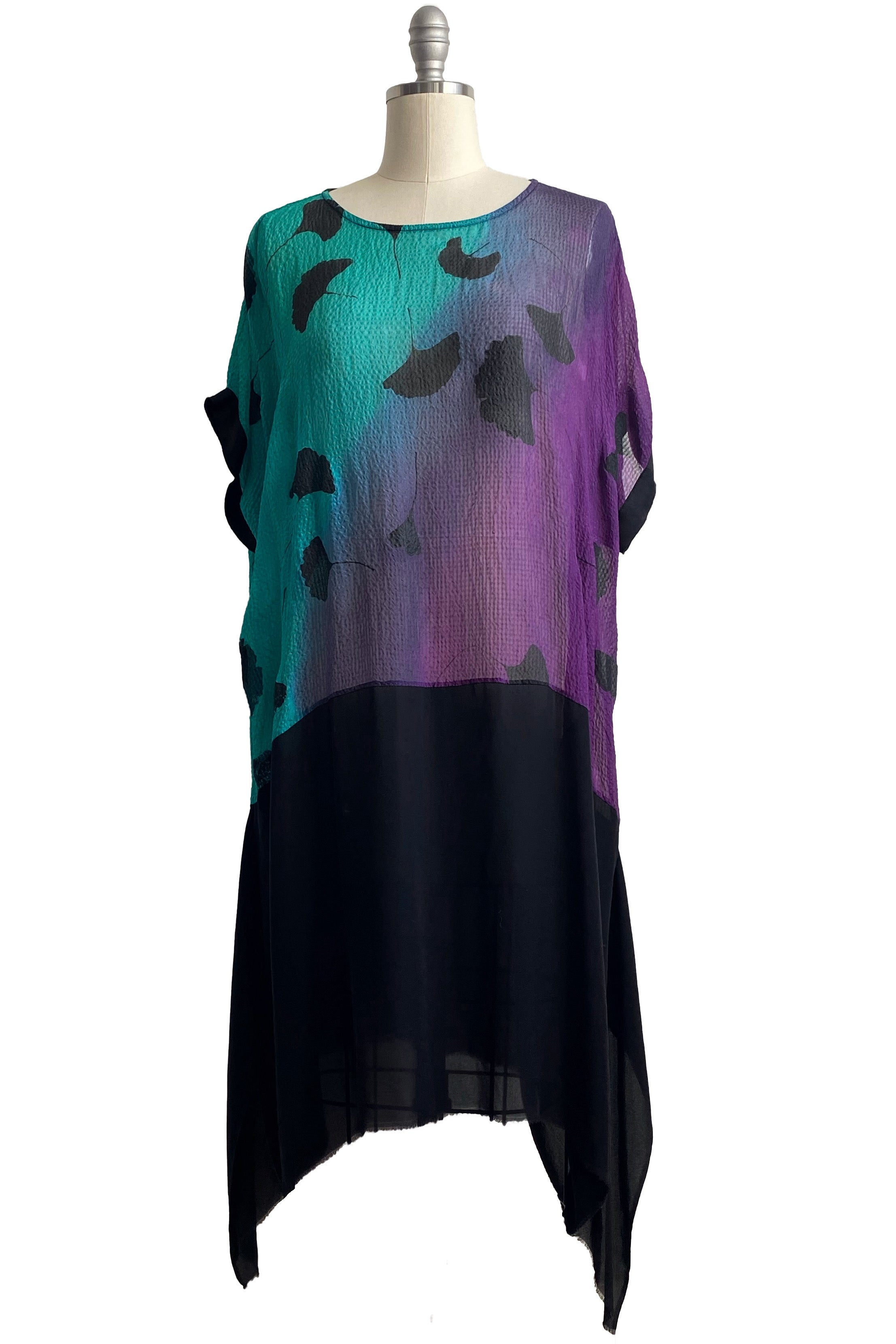 Essa Dress in Seersucker Silk w/ Ginkgo Print - Aqua, Purple & Black - Medium