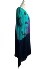 Load image into Gallery viewer, Essa Dress in Seersucker Silk w/ Ginkgo Print - Aqua, Purple &amp; Black - Medium
