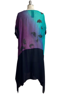 Essa Dress in Seersucker Silk w/ Ginkgo Print - Aqua, Purple & Black - Medium