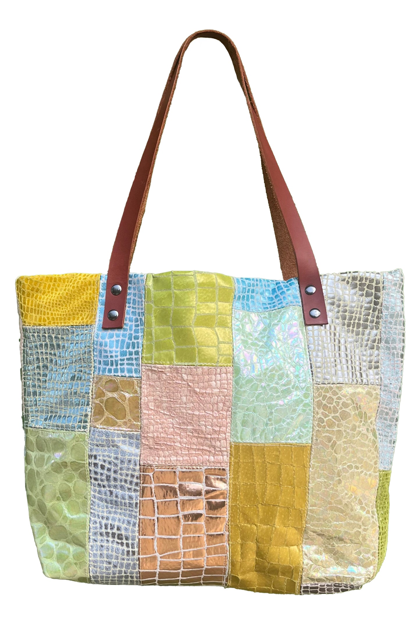 Tote w/ Leather Handle | Iridescent Reptile Leather | Patchwork | Pastel Multi