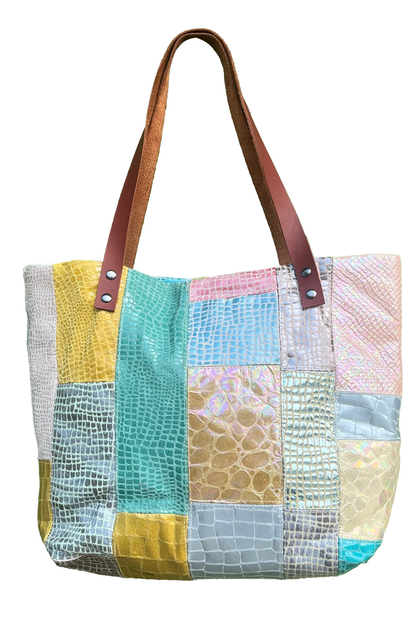 Tote w/ Leather Handle | Iridescent Reptile Leather | Patchwork | Pastel Multi
