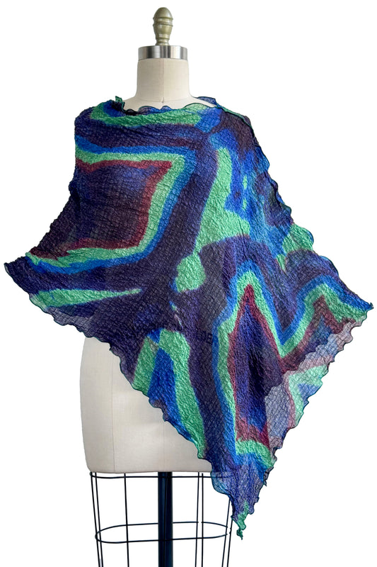 Seersucker Silk Poncho w/ Itajimie Dye - Blue, Lime Green & Violet