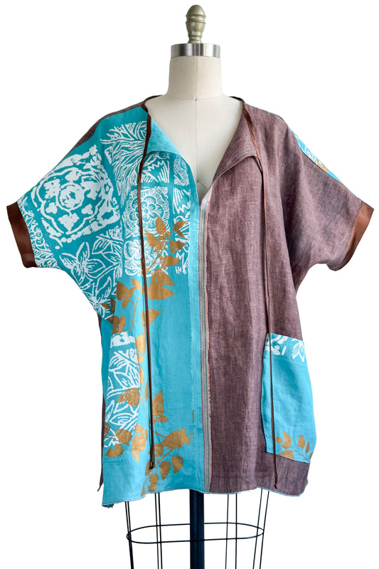 Jo Top | Linen | Vine & Tile Print | Turquoise, Brown, White & Gold