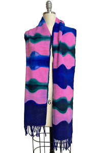 Cashmere Fringed Scarf w/ Itajime Dye - Pink & Blue