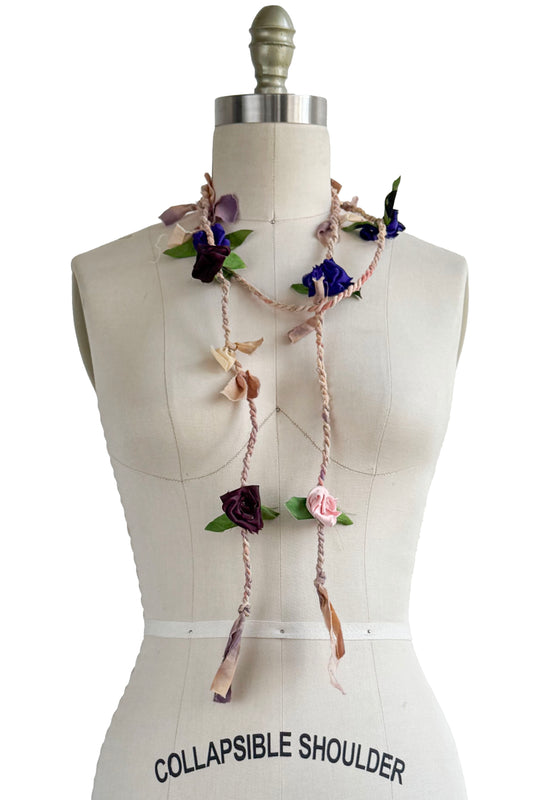 Hand Twisted Peach Rope Lariat w/ Silk Flowers - Eggplant Purple, Violet & Light Pink