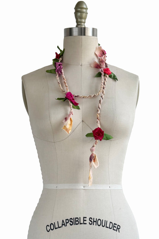 Hand Twisted Peach Rope Lariat w/ Silk Flowers - Hot Pink, Scarlet, Coral & Purple
