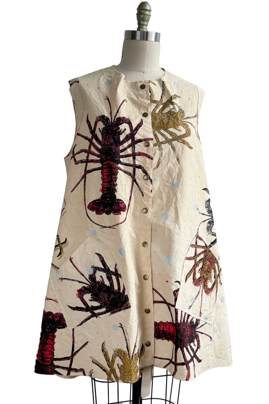 Quant Dress in Cotton w/ Lobster Print - Hand Painted & Tea Dye - Natural, Red & Gold - Large