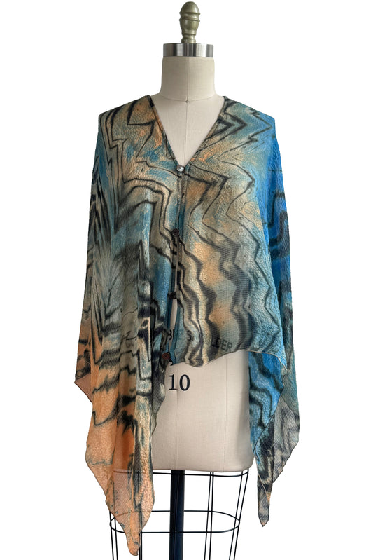 Button Drape in Seersucker Silk w/ Shibori Arashi Dye - Black, Blue & Apricot Orange