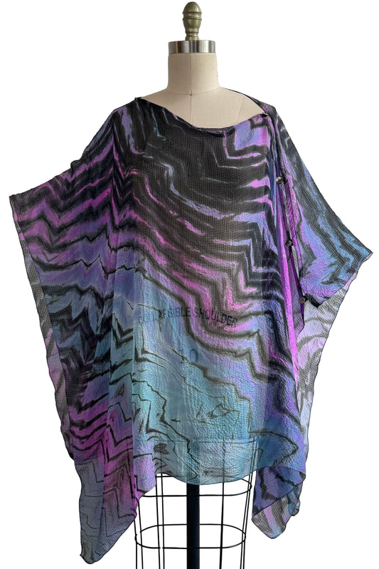 Button Drape in Seersucker Silk w/ Shibori Arashi Dye - Black, Blue & Purple