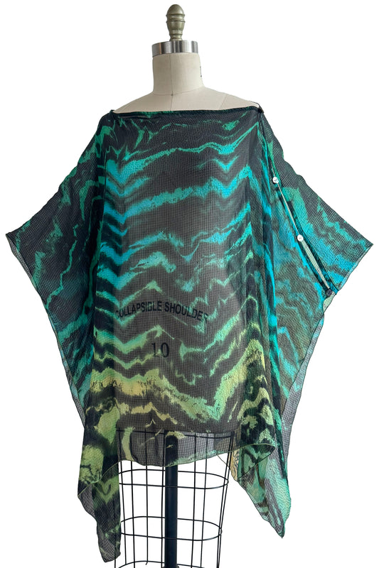 Button Drape in Seersucker Silk w/ Shibori Arashi Dye - Turquoise & Chartreuse