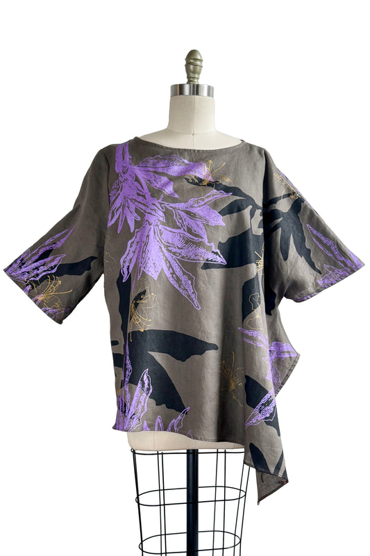Asymmetrical Top in Linen w/ Azalea Print - Grey, Violet, Black & Gold - Large
