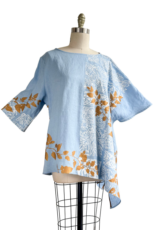 Asymmetrical Top in Linen w/ Tile & Vine Print - Light Blue, Gold & White - Large