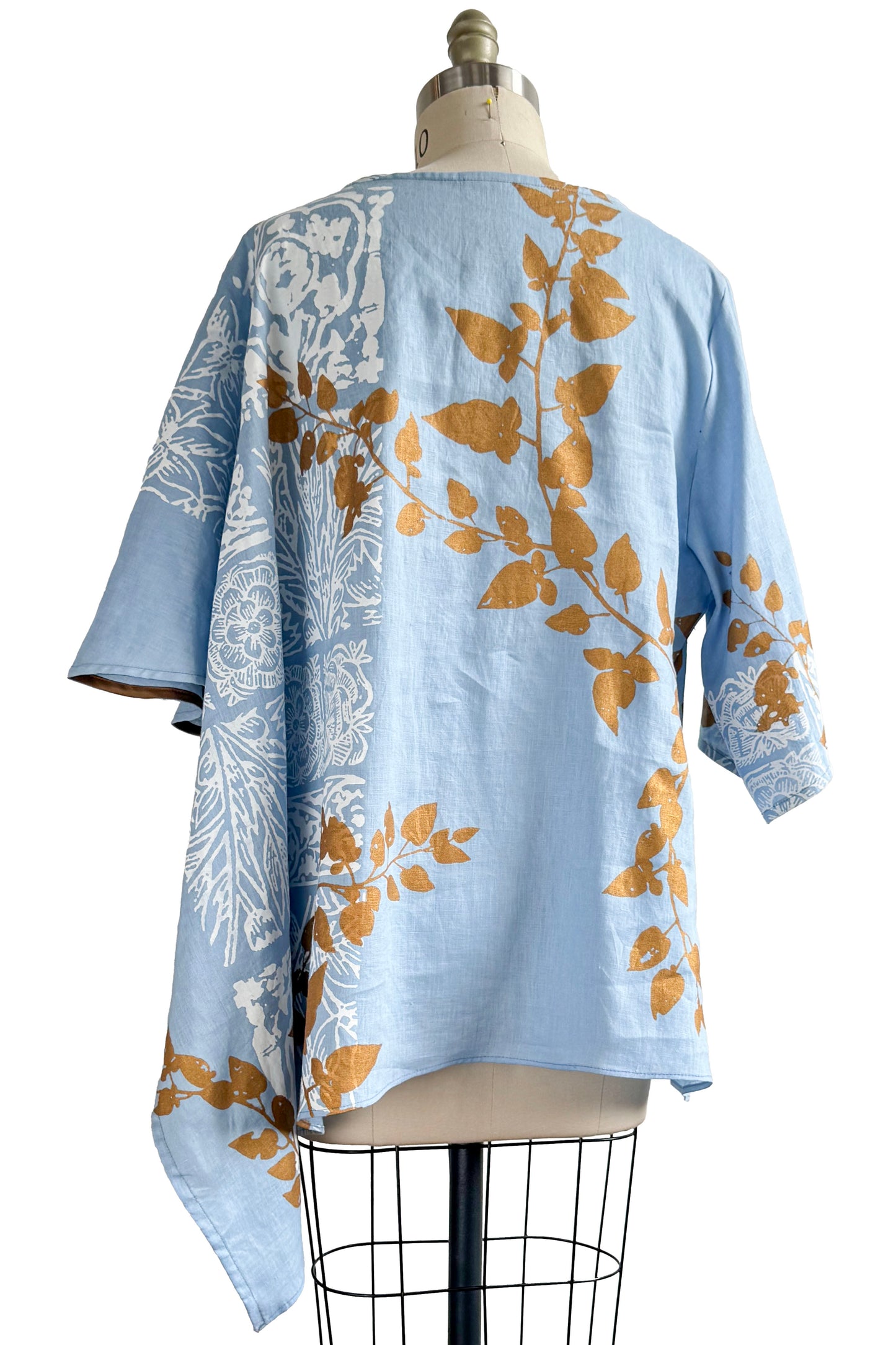 Asymmetrical Top in Linen w/ Tile & Vine Print - Light Blue, Gold & White - Large
