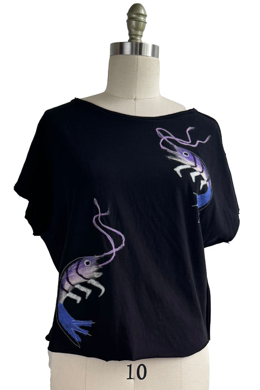 Jen Crop Top w/ Felted Crawfish - Black, Purple & Blue