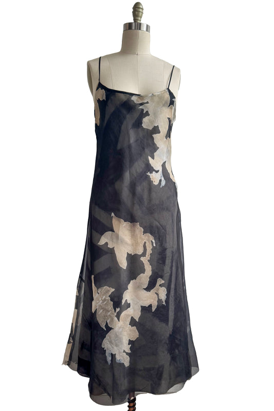 Kappa Reversible Dress in Silk w/ Organza & Azalea Print - Black, Grey & Natural - S/M