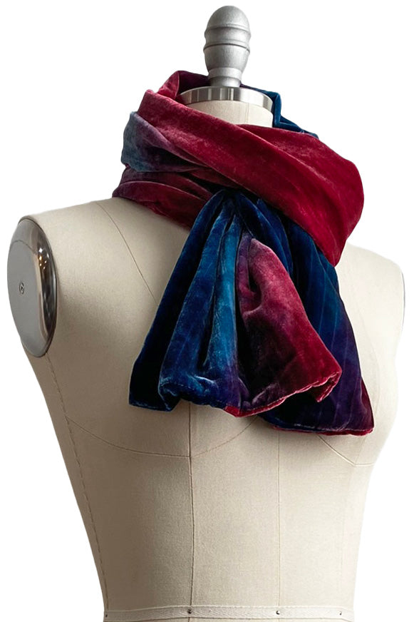 Velvet Scarf w/ Ombre Dye - Red & Blue