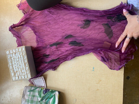 Athena Top in Silk Organza w/ Gingko Print - Plum - Medium