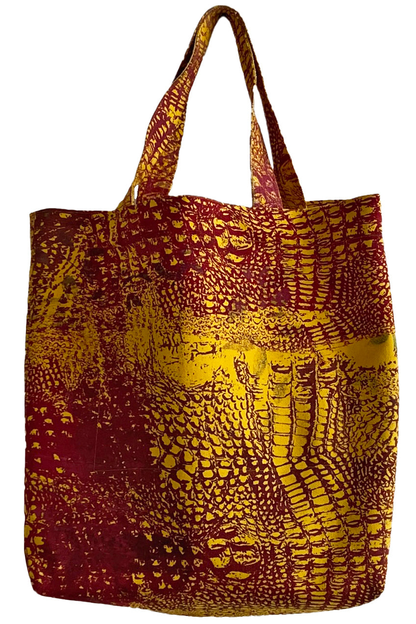 Hand Dyed & Printed Canvas Tote - Gold & Red Alligator