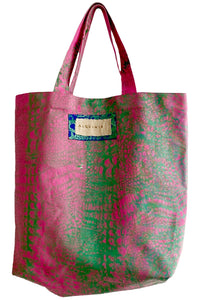 Hand Dyed & Printed Canvas Tote - Pink & Green Alligator