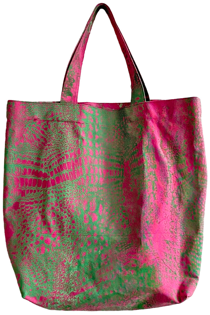 Hand Dyed & Printed Canvas Tote - Pink & Green Alligator