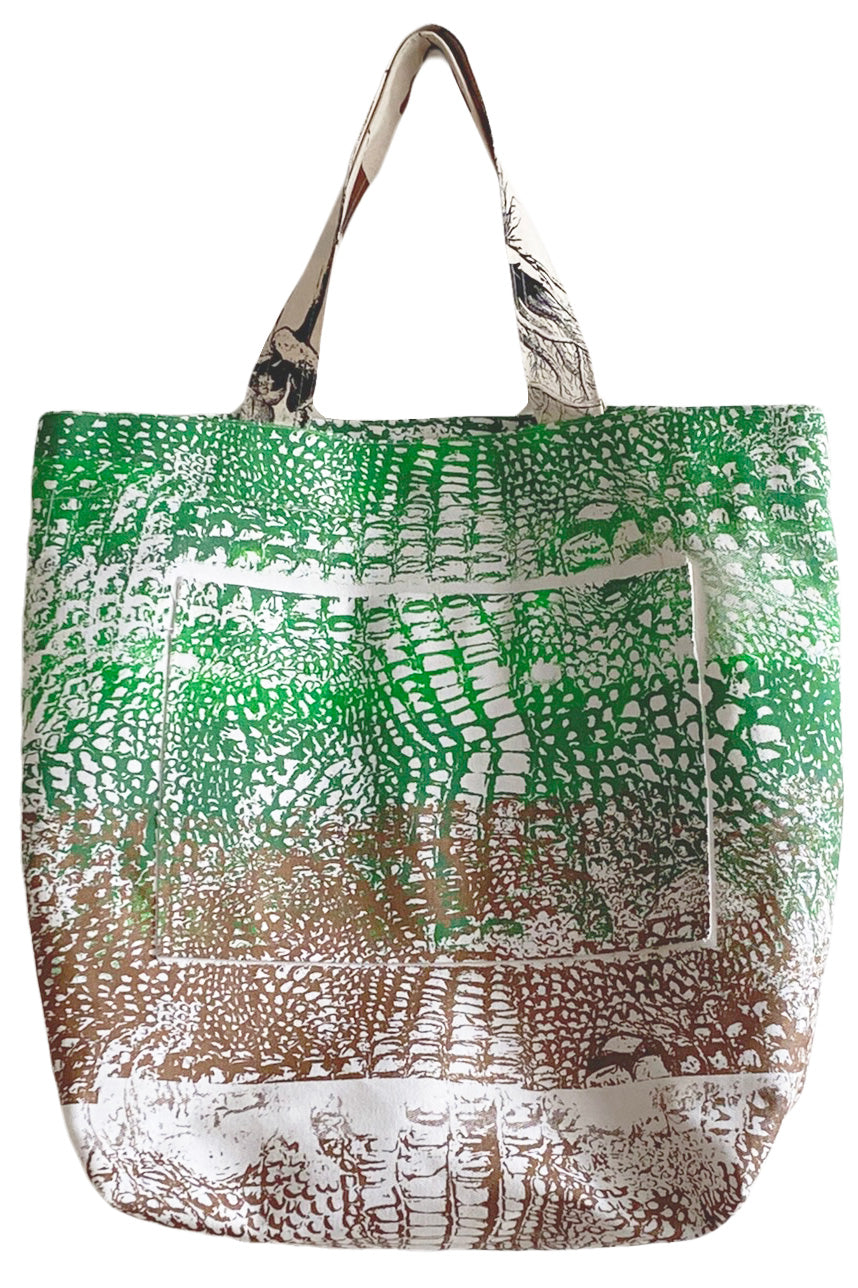 Hand Dyed & Printed Canvas Tote - Natural, Copper & Green Alligator