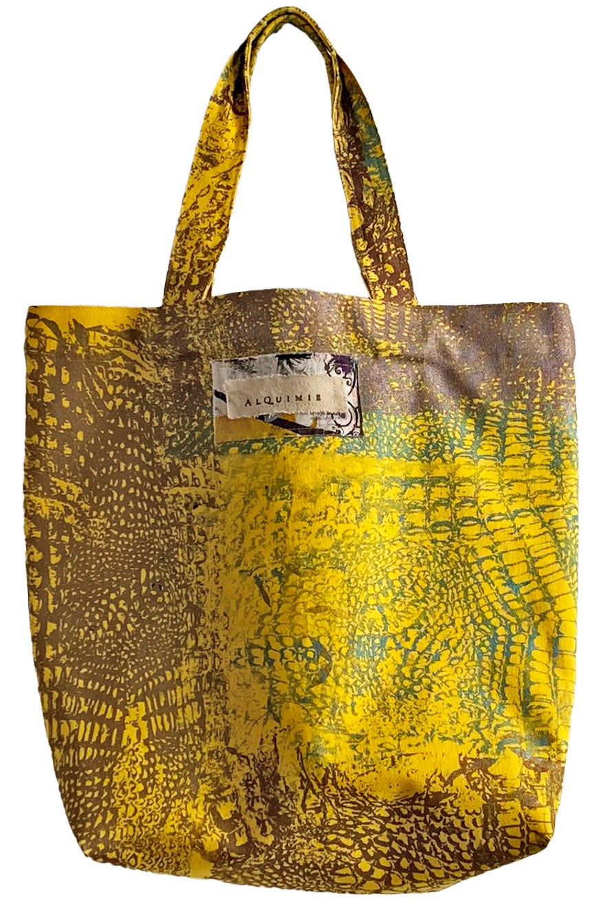 Hand Dyed & Printed Canvas Tote - Canary Yellow & Green Alligator