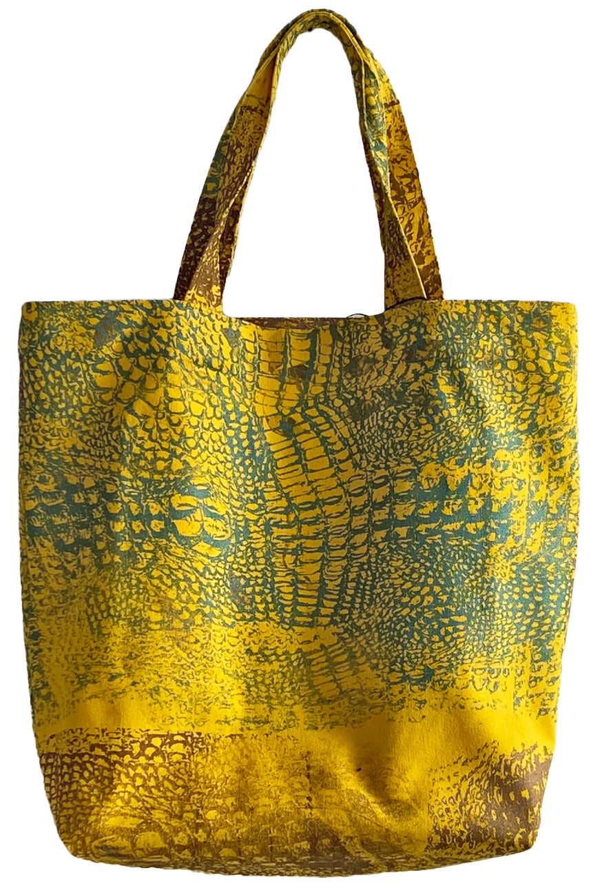 Hand Dyed & Printed Canvas Tote - Canary Yellow & Green Alligator