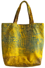 Load image into Gallery viewer, Hand Dyed &amp; Printed Canvas Tote - Canary Yellow &amp; Green Alligator
