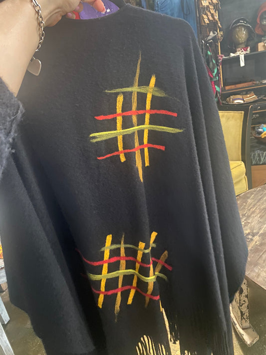 Cashmere Open Front Poncho Wrap w/ Felted Grid - Black, Gold, Red & Green