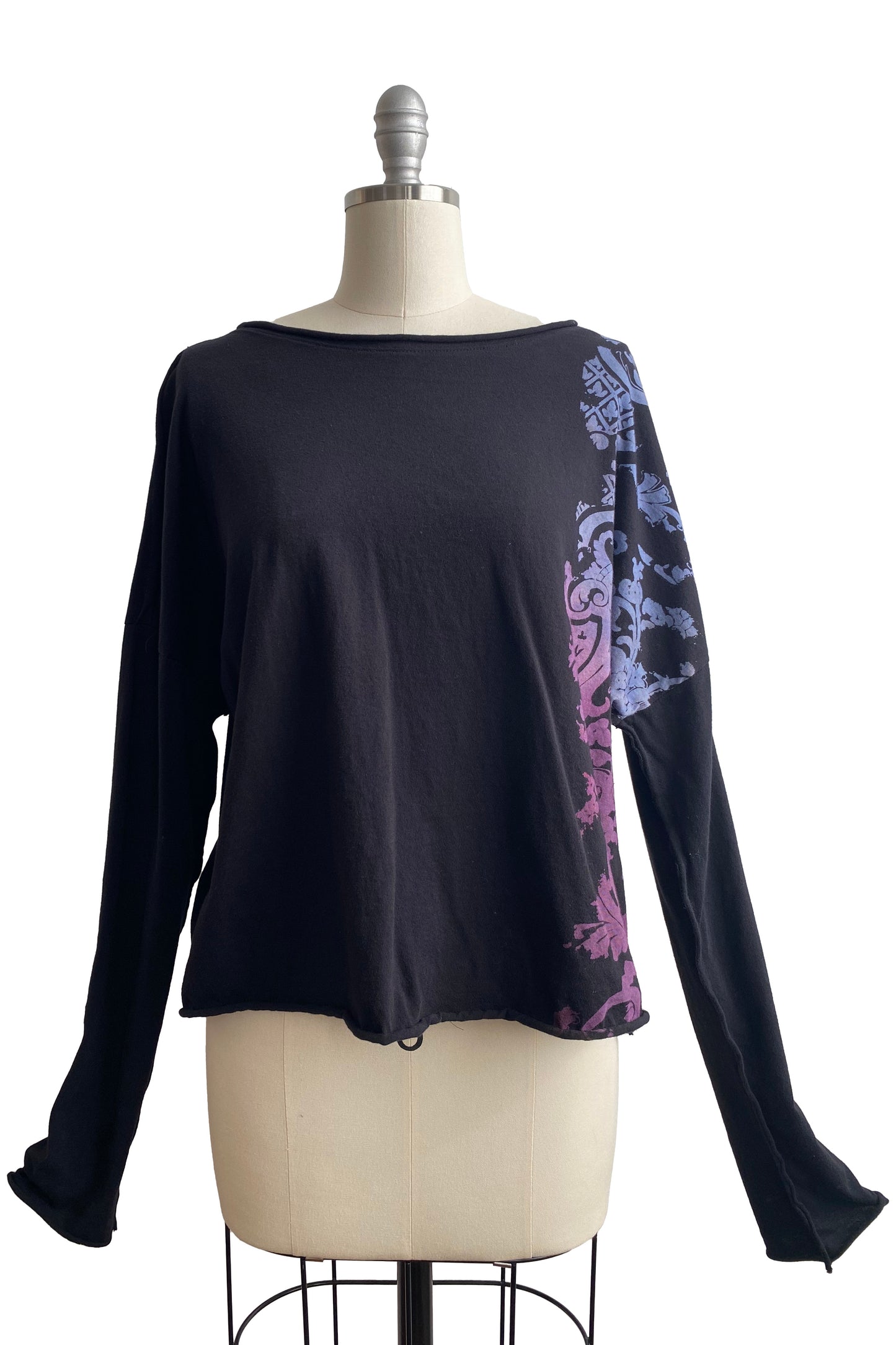 Jen Crop Top with Long Sleeve w/ Wallpaper Print -  Blue & Purple - Medium