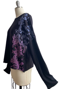 Jen Crop Top with Long Sleeve w/ Wallpaper Print -  Blue & Purple - Medium