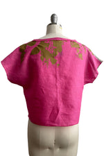 Load image into Gallery viewer, Jen Crop top in Linen w/ Spikey Bramble Print - Flax, Pink &amp; Gold - Small
