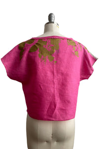 Jen Crop top in Linen w/ Spikey Bramble Print - Flax, Pink & Gold - Small