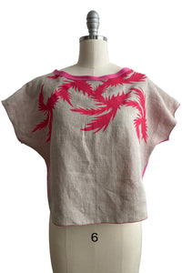Jen Crop top in Linen w/ Spikey Bramble Print - Flax, Pink & Gold - Small