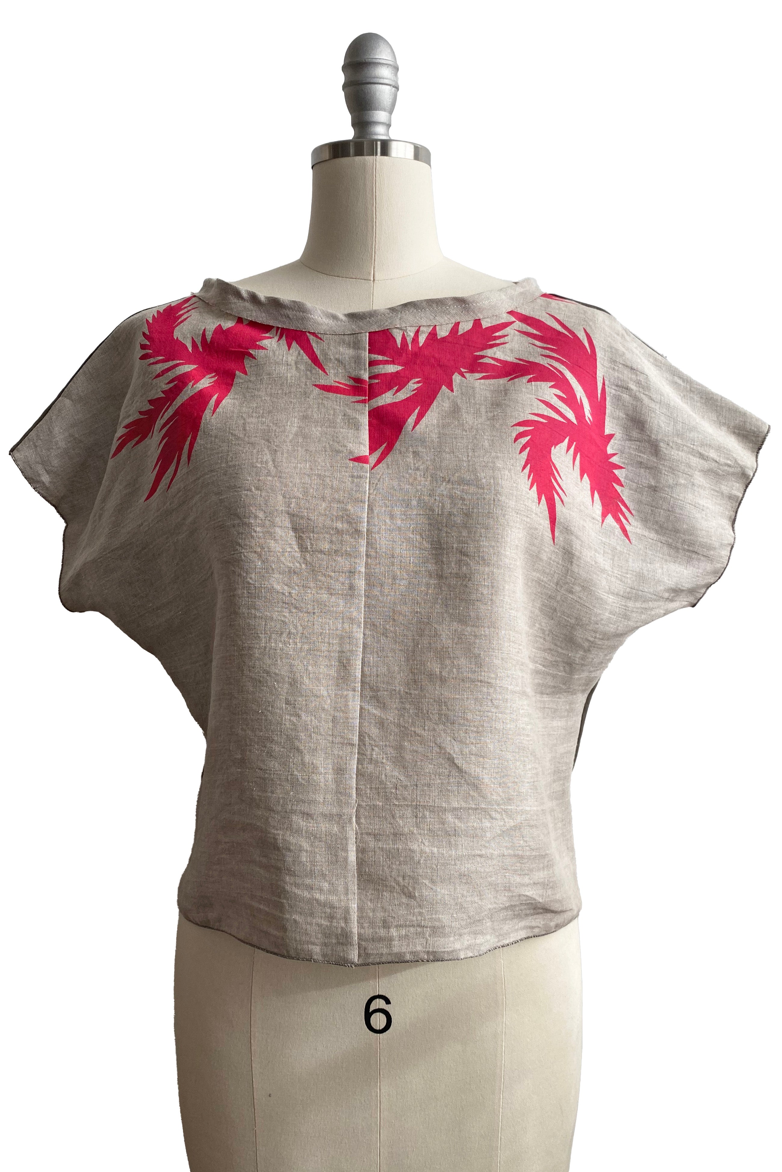 Jen Crop top in Linen w/ Thistle Print - Flax, Grey & Pink - Small